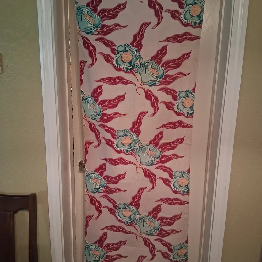🔥 Atomic‑Era Vintage Barkcloth Panel • Bold Teal Floral + Red Leaves • 23x62